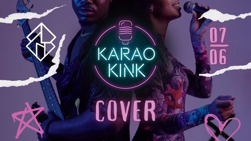 A imagem apresenta dois indivíduos, um segurando um baixo e o outro segurando um microfone, sugerindo um tema musical. O fundo é uma cor roxa sólida, e o foco central é um sinal de néon que lê "KARAOKINK" com um ícone de microfone, indicando um evento de karaokê. Abaixo do sinal, a palavra "COVER" é proeminentemente exibida em rosa. A data "07/06" é mostrada no canto superior direito, provavelmente indicando a data do evento. Os indivíduos estão vestidos com roupas vibrantes, estampadas, com a pessoa à direita usando uma blusa de manga comprida com um design colorido. A imagem inclui vários elementos gráficos, como uma estrela rosa e um coração, acrescentando ao apelo visual. A estética geral é moderna e energética, com uma mistura de neon e gráficos estilo grafite.